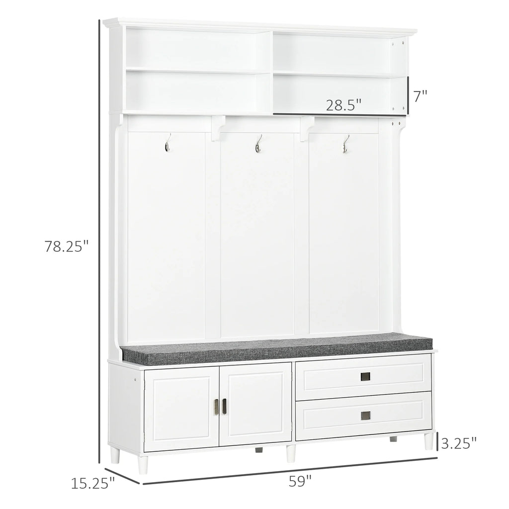 HOMCOM Hall Tree with Storage Bench, Entryway Bench with Coat Rack, Accent Coat Tree with Storage Shelves, Cabinet and Drawers for Hallway, Mudroom, White