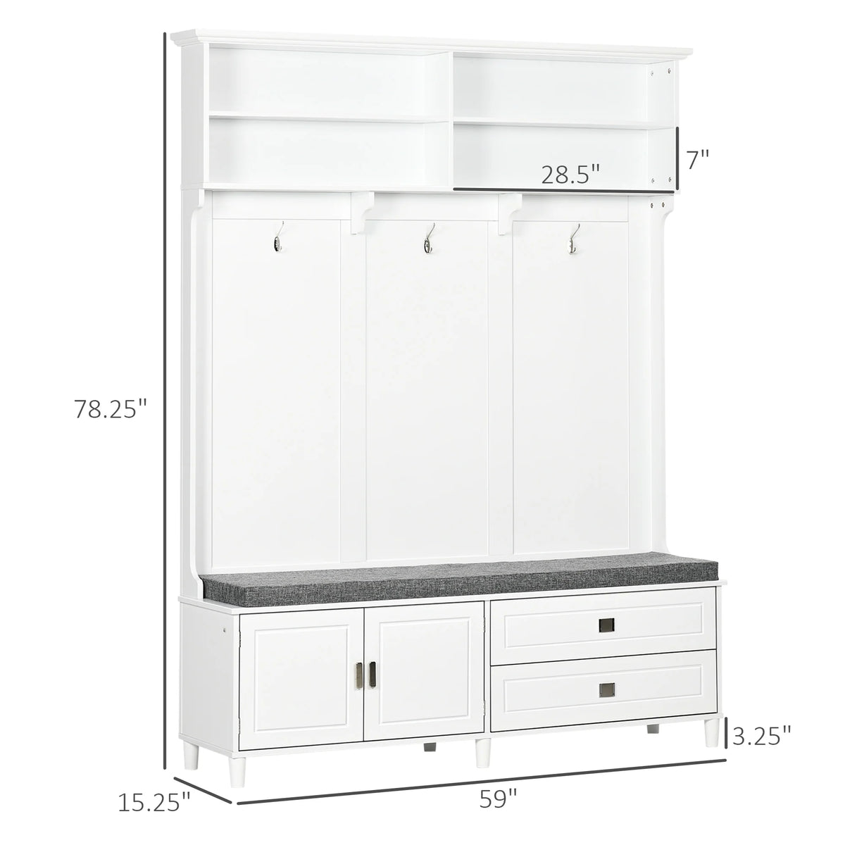 HOMCOM Hall Tree with Storage Bench, Entryway Bench with Coat Rack, Accent Coat Tree with Storage Shelves, Cabinet and Drawers for Hallway, Mudroom, White