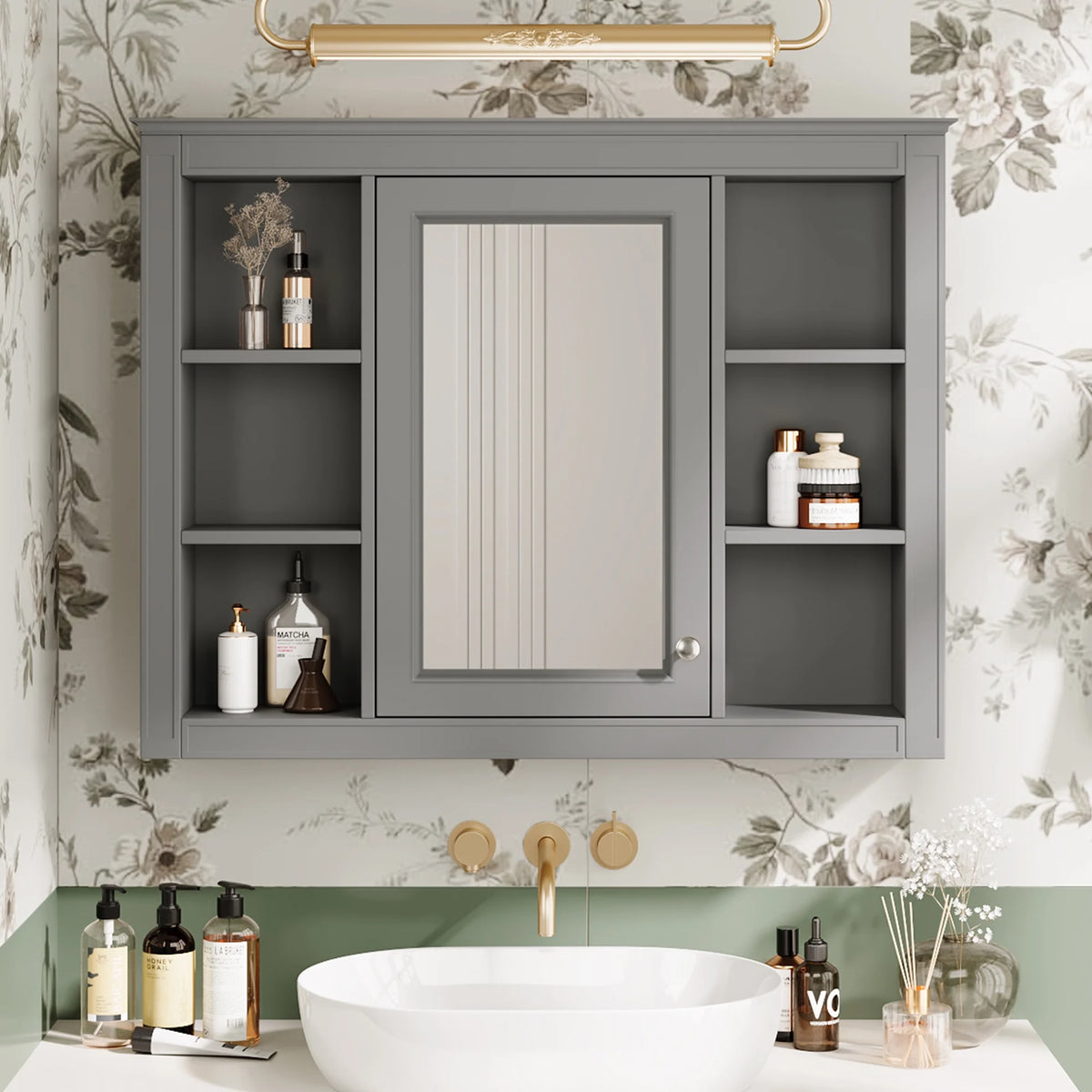Furvclv Bathroom Wall Mirror Cabinet Modern Wall Mounted Cabinet Storage Organizer With Single Mirror Door 6 Open Shelves