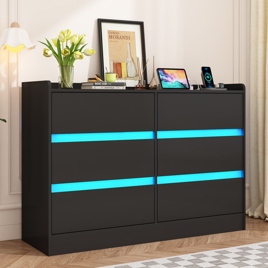9 Drawer Dresser for Bedroom with Power Outlet, 63" Large Dresser with LED Light, Wooden Dresser For Closet, Chest of Drawers with Raised Edges