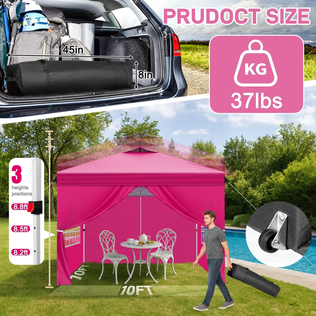 Ktaxon 10x10 Ez Pop Up Canopy Tent,Outdoor Sun Shade Shelter,Outdoor Gazebo,One Push Setup with Sidewalls,1 Roller Bag,4 Sandbags,UPF50+ - Pink