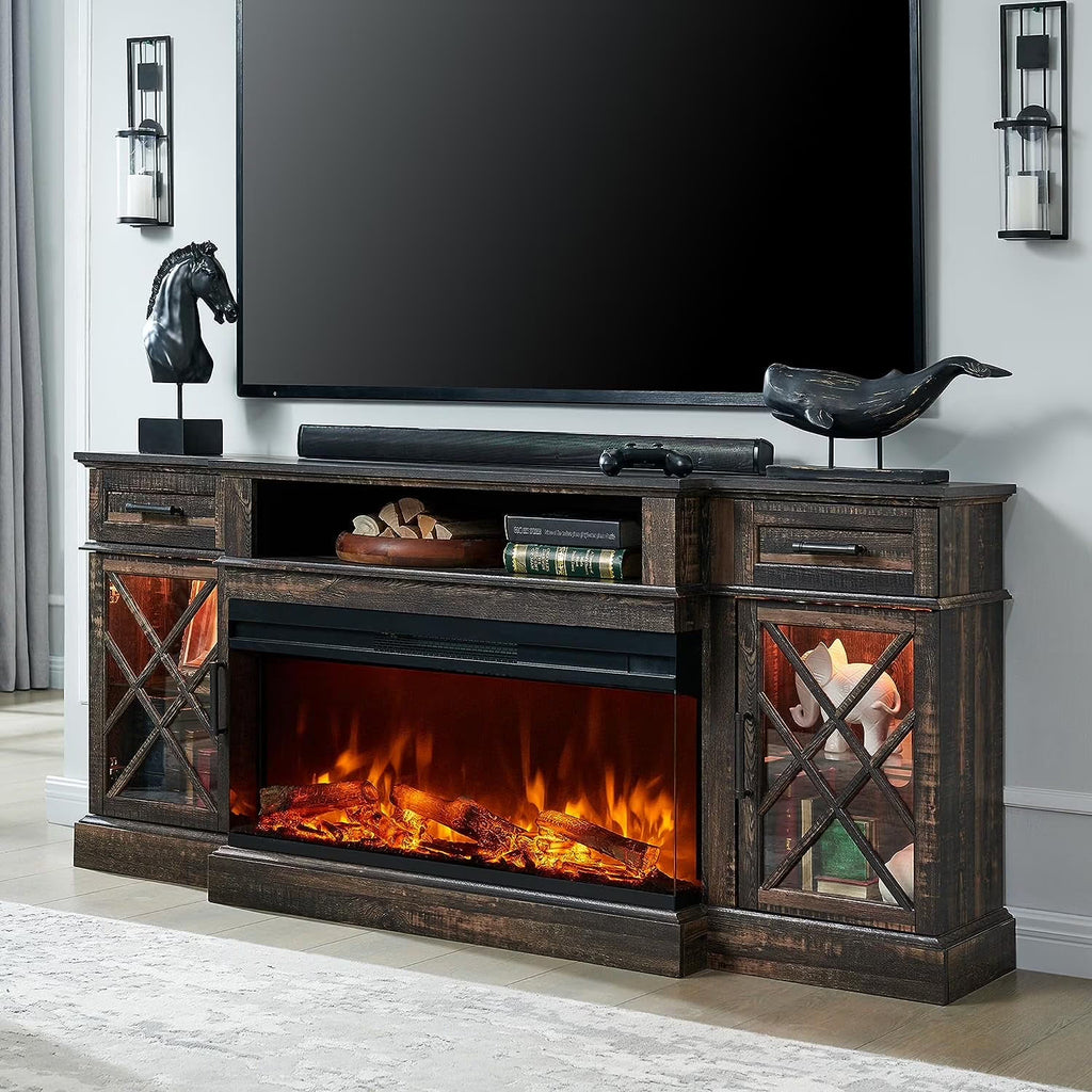 OKD Farmhouse 3-Sided Fireplace TV Stand for 80" TVs, 70" Entertainment Center with Electric Fireplace and Storage Drawers, Antique White