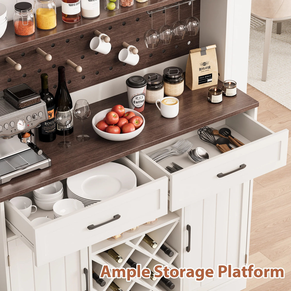 LAFGUR 72" Kitchen Storage Cabinet with Power Outlet & LED Light, Coffee Bar Cabinet with Drawers & Wine Glass Rack,Sideboard for Home,White