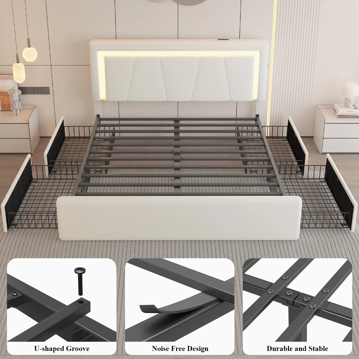 Full Size Upholstered LED Bed Frame with 4 Storage Drawers, Faux Leather Platform Bed with Adjustable Headboard, White