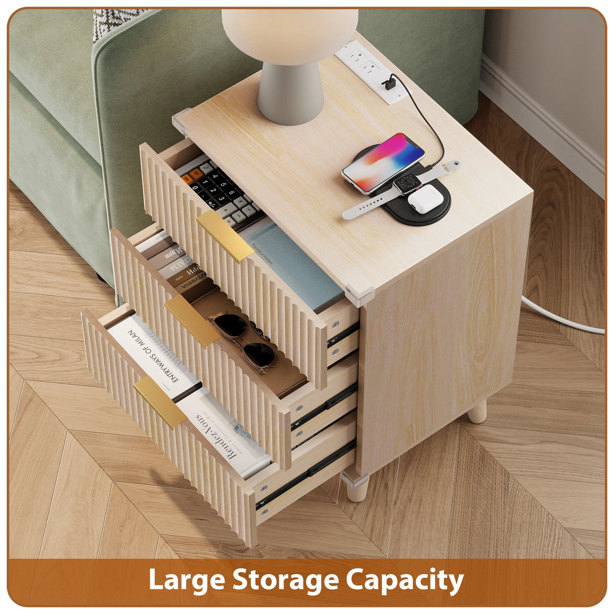 GIKPAL Night Stands for Bedroom, Modern Bedside Table with 3 Drawers & Charging Station,Fluted Panel End Tables for Bedroom  & Living Room, Natural