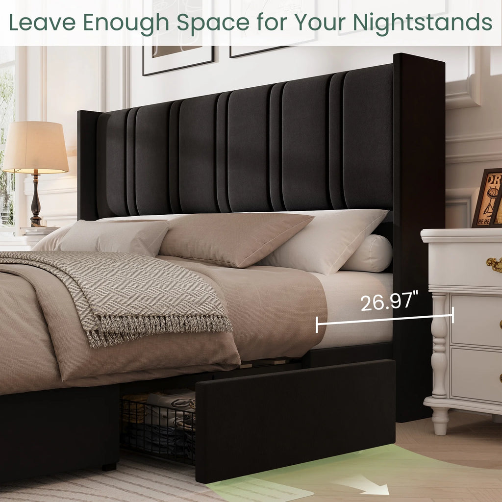 LARMACE King Size Upholstered Bed Frame with 4 Storage Drawers and Vertical Channel Tufted Headboard Linen Platform Bed Frame Wingback Beds with Wooden Slats Support, Beige