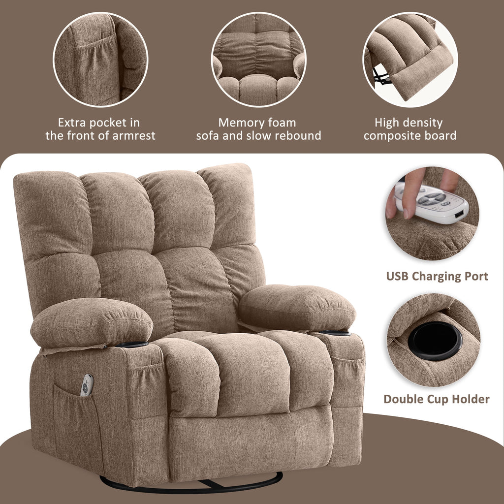 JONPONY Manual Recliner Chair with Heat Therapy and Massage Function, Heavy Duty Reclining Mechanism Massage Chair, Elderly Single Rocker Sofa with Cup Holders for Bedroom Home Theater,Grey