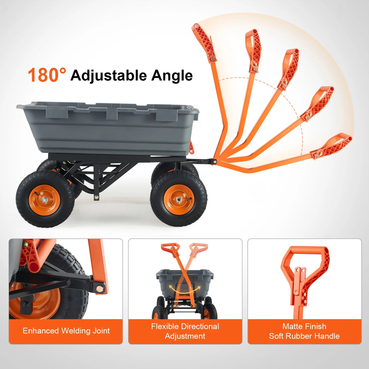KFFKFF Garden Dump Cart, 35.8x19.5x8.2 in Dump Truck Cart, Max. 600lbs Load Capacity, 10in Rubber Tire, 180�� Adjustable Handle