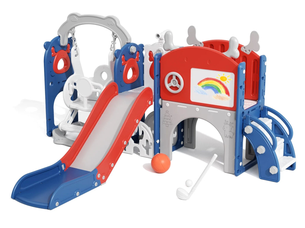 KORIMEFA 13-in-1 Toddler Slide, Kids Swing and Slide for Toddlers Age 1-4, Outdoor Indoor Playground Playset for Toddlers with Basketball Hoop and Ball Playset Telescope, Blue