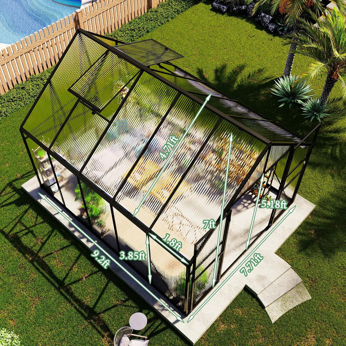Jocisland 8x8x7 FT Polycarbonate Walk-In Greenhouse with Aluminum Frame, 2 Top-Opening Windows & 2 Swing Doors, Heavy Duty for Outdoor Garden Use, Black