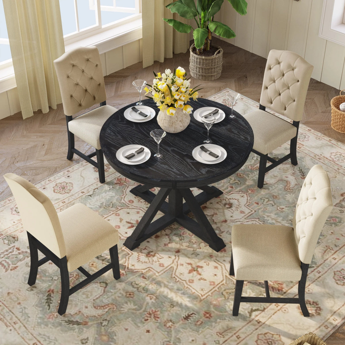 Harper & Bright Designs Round Extendable Dining Table Set for 4, 5 Piece Farmhouse Wood Dining Table Set with 4 Upholstered Dining Chairs, Natural Wood Wash