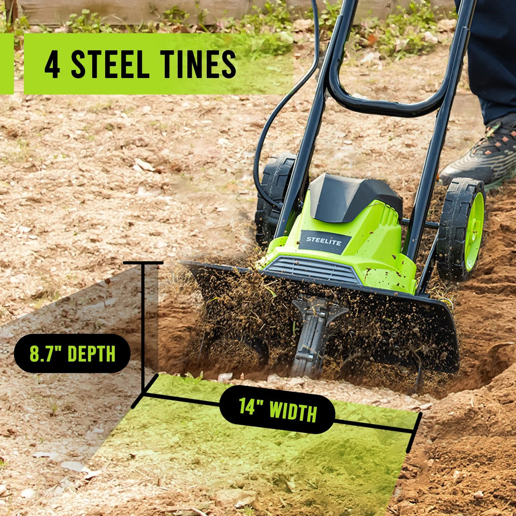 Steelite 14-Inch Corded Electric Tiller,10-Amp Electric Tiller and Cultivator for Gardening, Lightweight Rototiller