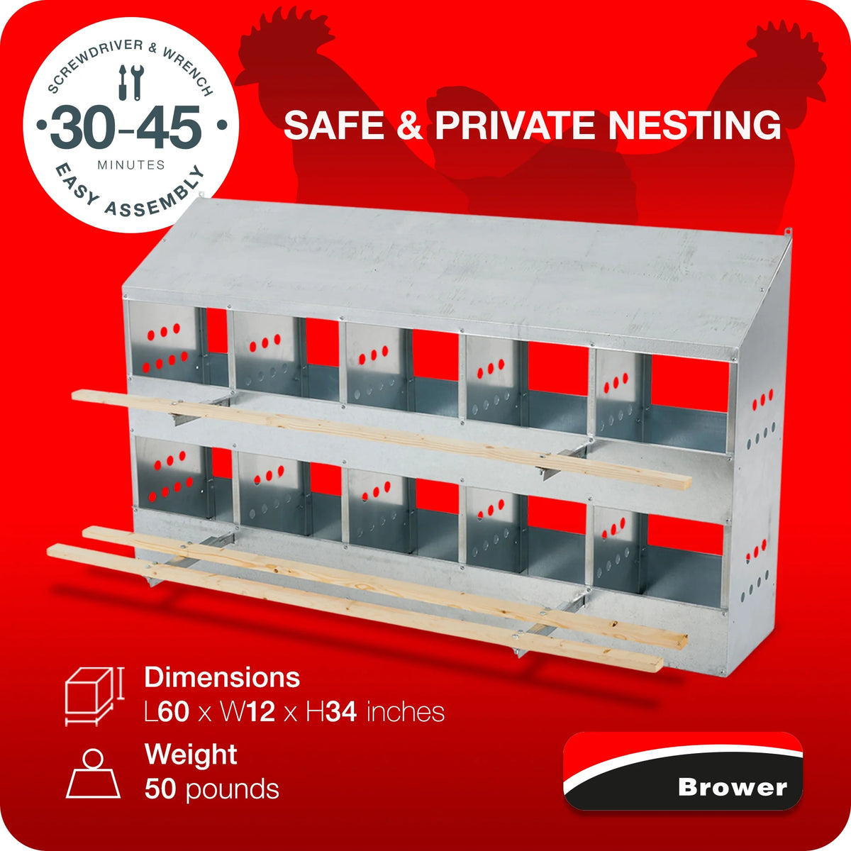 Brower Galvanized Steel 6 Hole 30 Bird Poultry Nest Chicken Brooding Box
