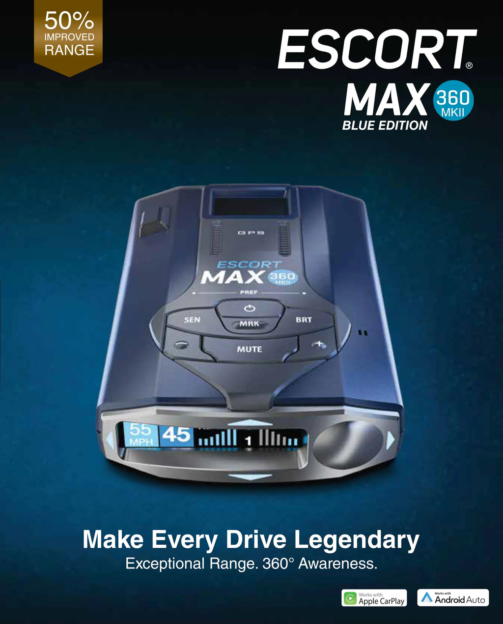 Escort MAX 360 MKII Bluetooth Radar Detector (Blue Edition), 360�� Awareness, Exceptional Range, Apple CarPlay & Android Auto
