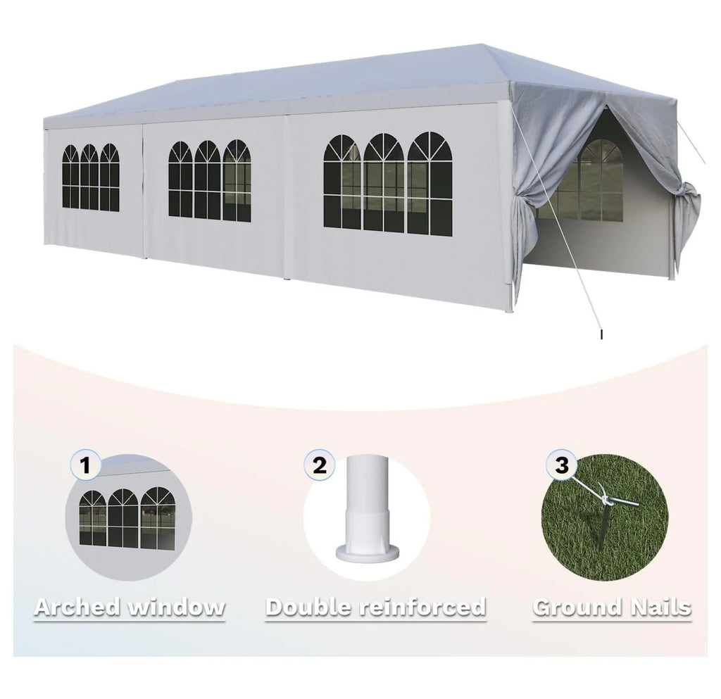 10'x30' Heavy Duty Party Tent - Waterproof Wedding Canopy with Removable Sidewalls, Event Gazebo Shelter for Outdoor Gatherings (White)