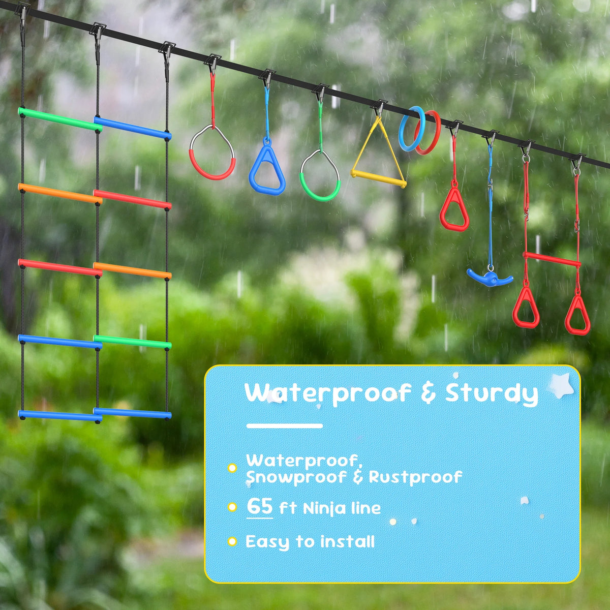 KloKick 65ft Ninja Warrior Obstacle Course for Kids �C Outdoor Backyard Set with Swing, Ninja Rope, 11 Obstacles, Slackline, Jungle Gym for Tree Installation