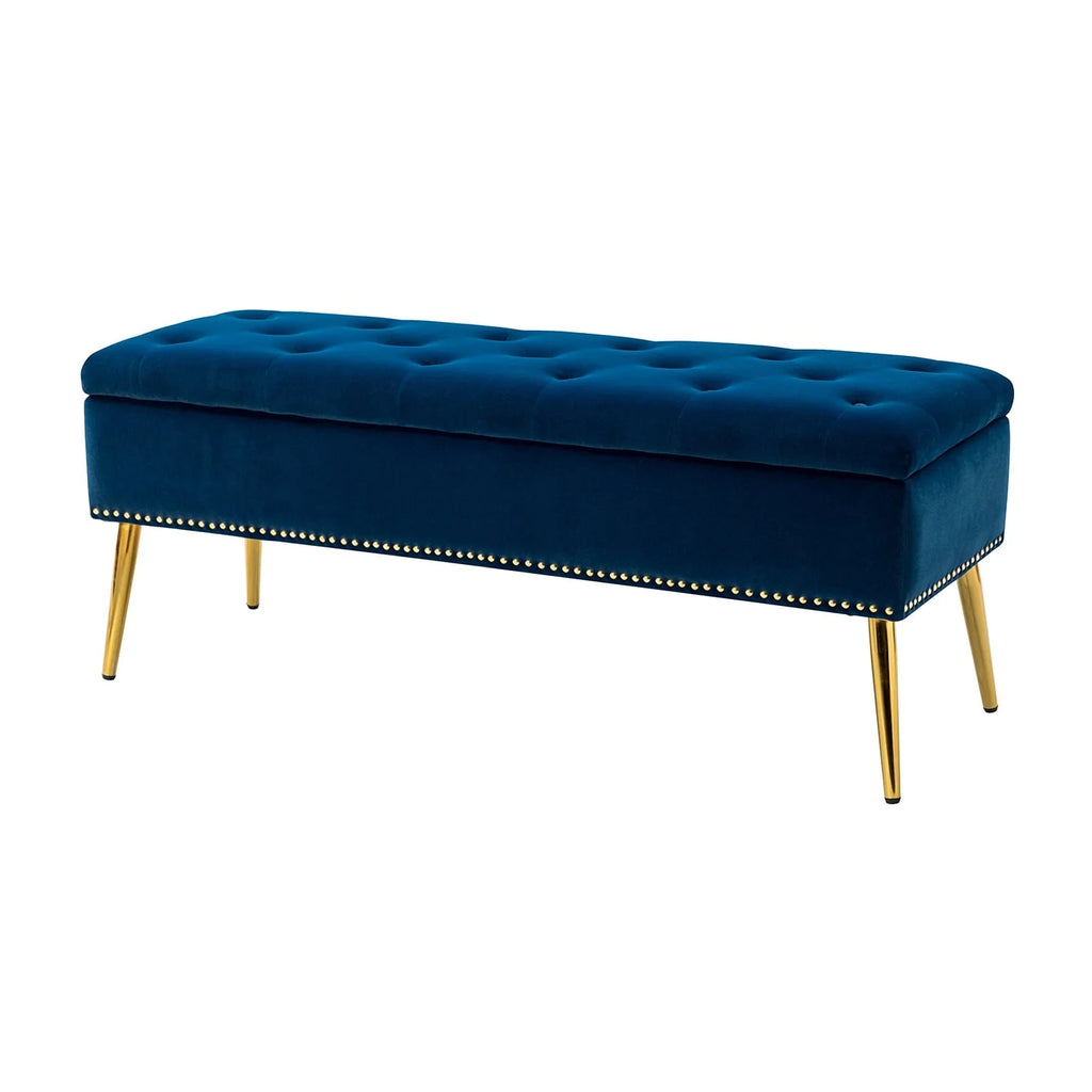 14 Karat Home Velvet Storage Ottoman Bench Gold Leg Upholstered Nailhead Trim Button Tufted Footstool Entryway Bedroom Living Room Pink