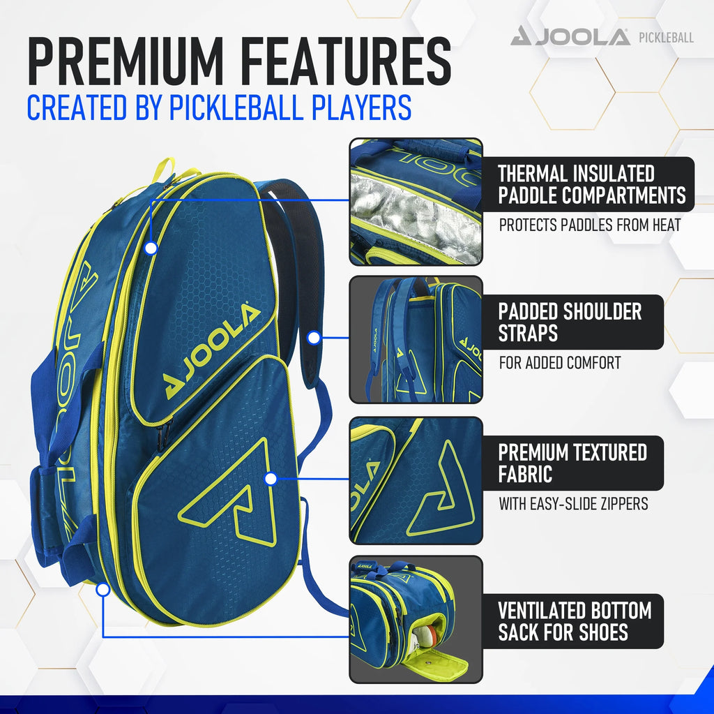 JOOLA Tour Elite Pickleball Bag, Backpack, Duffle Bag for Pickleball and Racket Sports, Black/Yellow