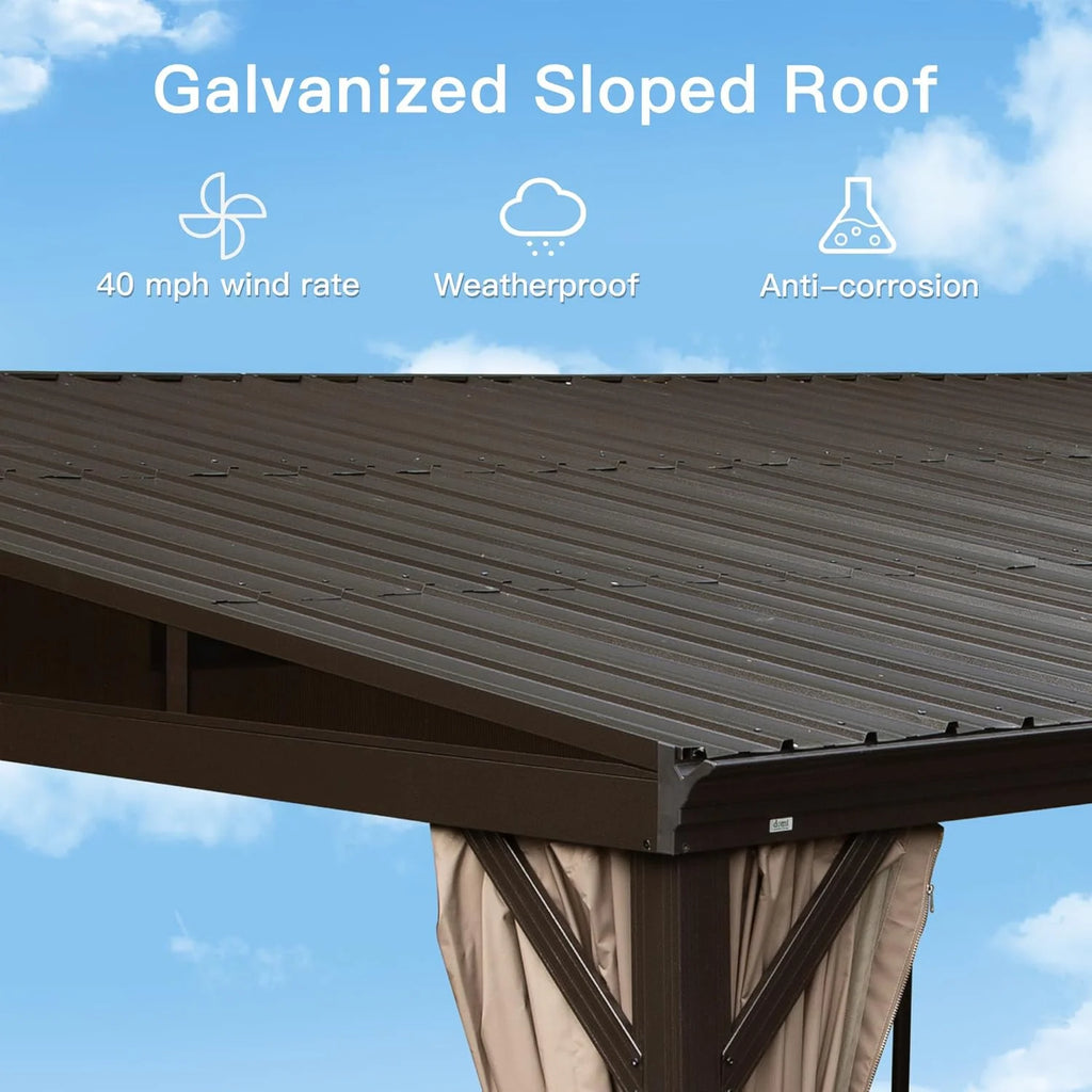 TOTAL Outdoor 10'x12' All-Season Sunroom Gazebo with Steel Roof, PVC Screen, Front & Side Door, Brown
