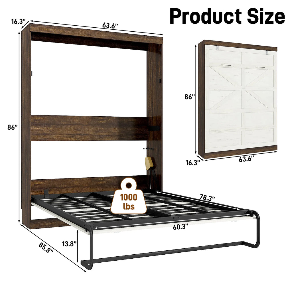 ANPOO Full Size Murphy Bed with 2 LED Lights, Farmhouse Wood Hidden Foldable Wall Bed Frame with Gas Struts, Storage Bed Cabinet for Bedroom, Office, Space-Saving, No Box Spring Needed