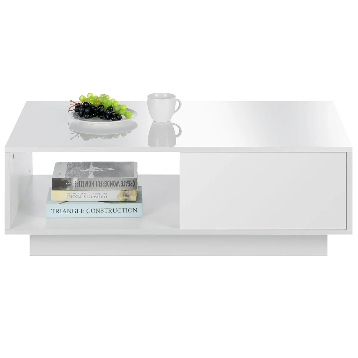 Hommpa LED Coffee Table Modern Side Tables High Gloss Black Cocktail Table with 2 Drawers Open Shelf for Living Room