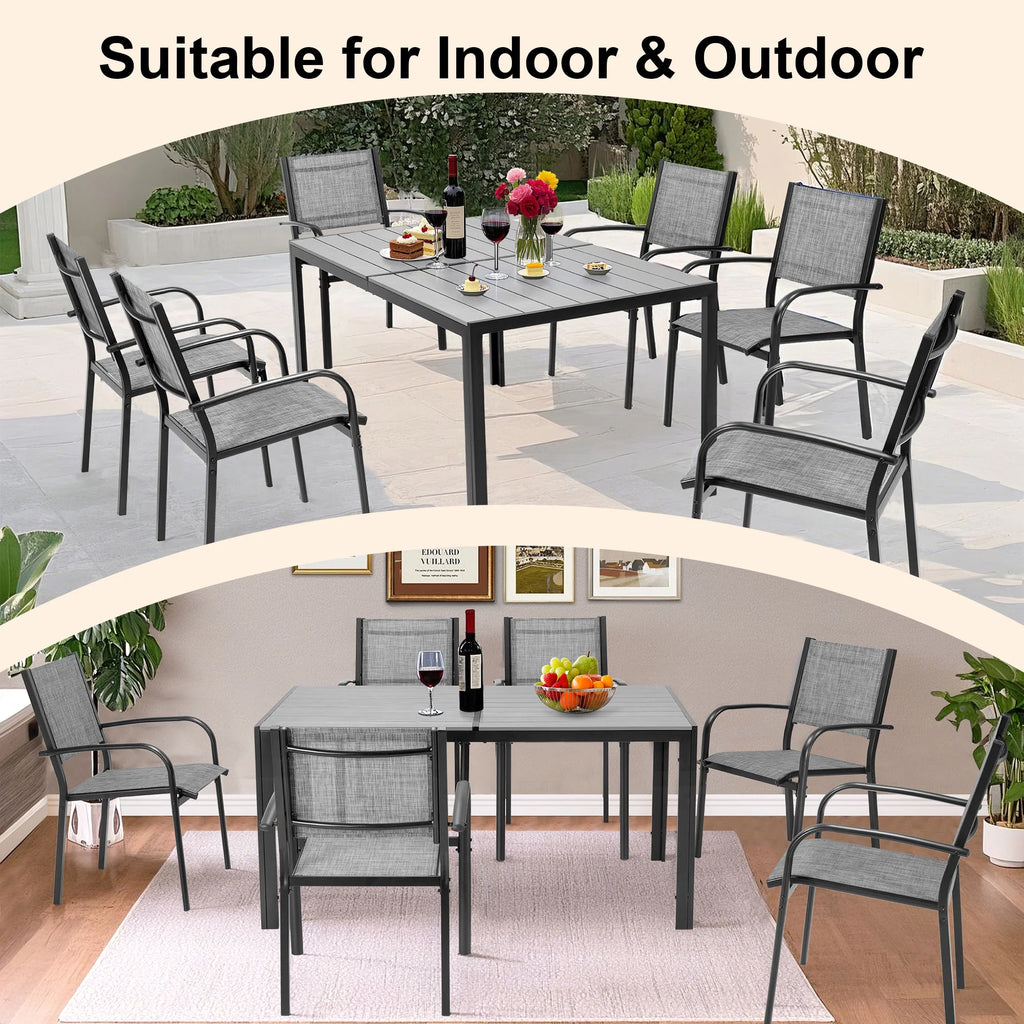 Seizeen 7-Piece Outdoor Table and Chairs, Patio Table Set with 6 Rattan Chairs, All-weather Outdoor Patio Dining Sets Rectangular Metal Table with Acacia Wood Top, Umbrella Hole, Gray