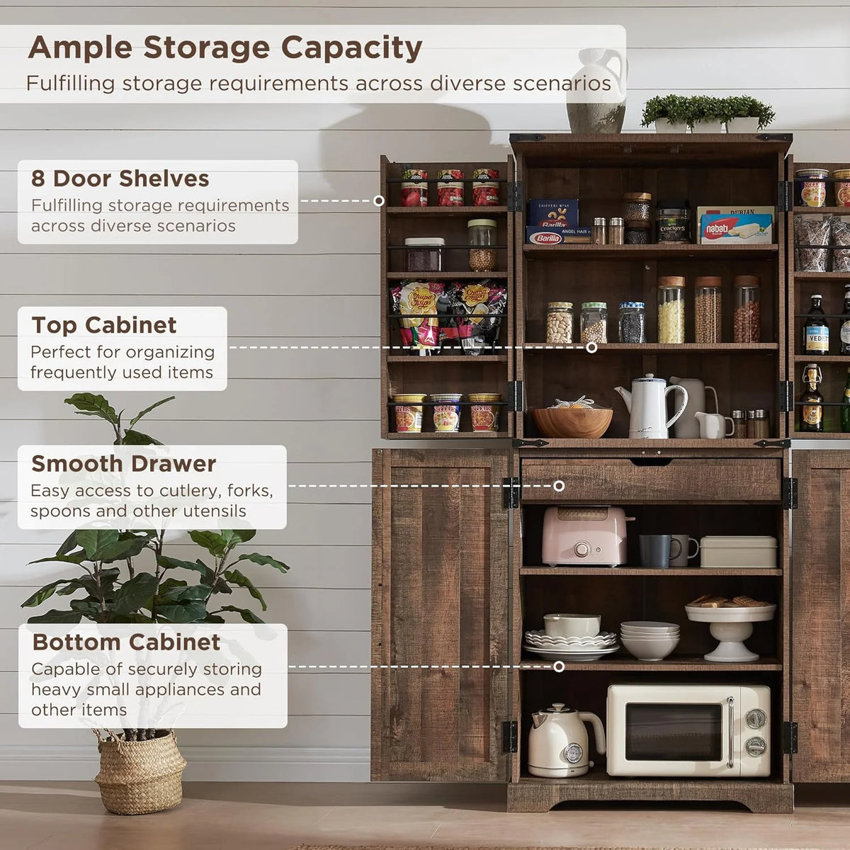 47" Kitchen Pantry, Farmhouse Storage Cabinet with Barn Doors, Organizer and Adjustable Shelves, Rustic Wood Cupboard for Kitchen, Dining Room, Bathroom and Hallway, Black
