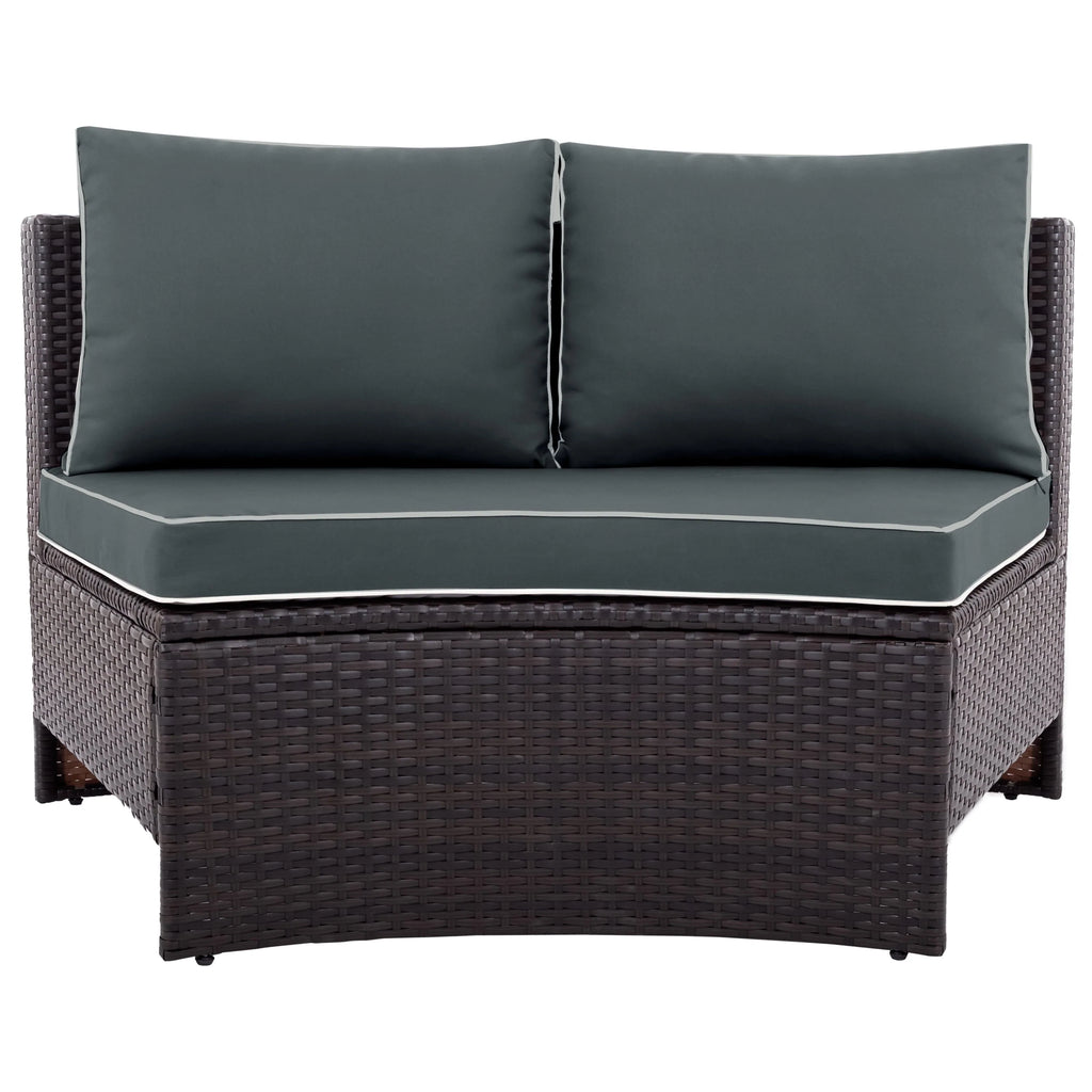 BTMWAY 6 Piece Outdoor Patio Sofa Furniture Set, BTMWAY PE Wicker Half Moon Outdoor Sectional Sofa Set with Side Table for Umbrella, Multifunctional Round Table, Gray Cushions, Pillows, Brown Rattan