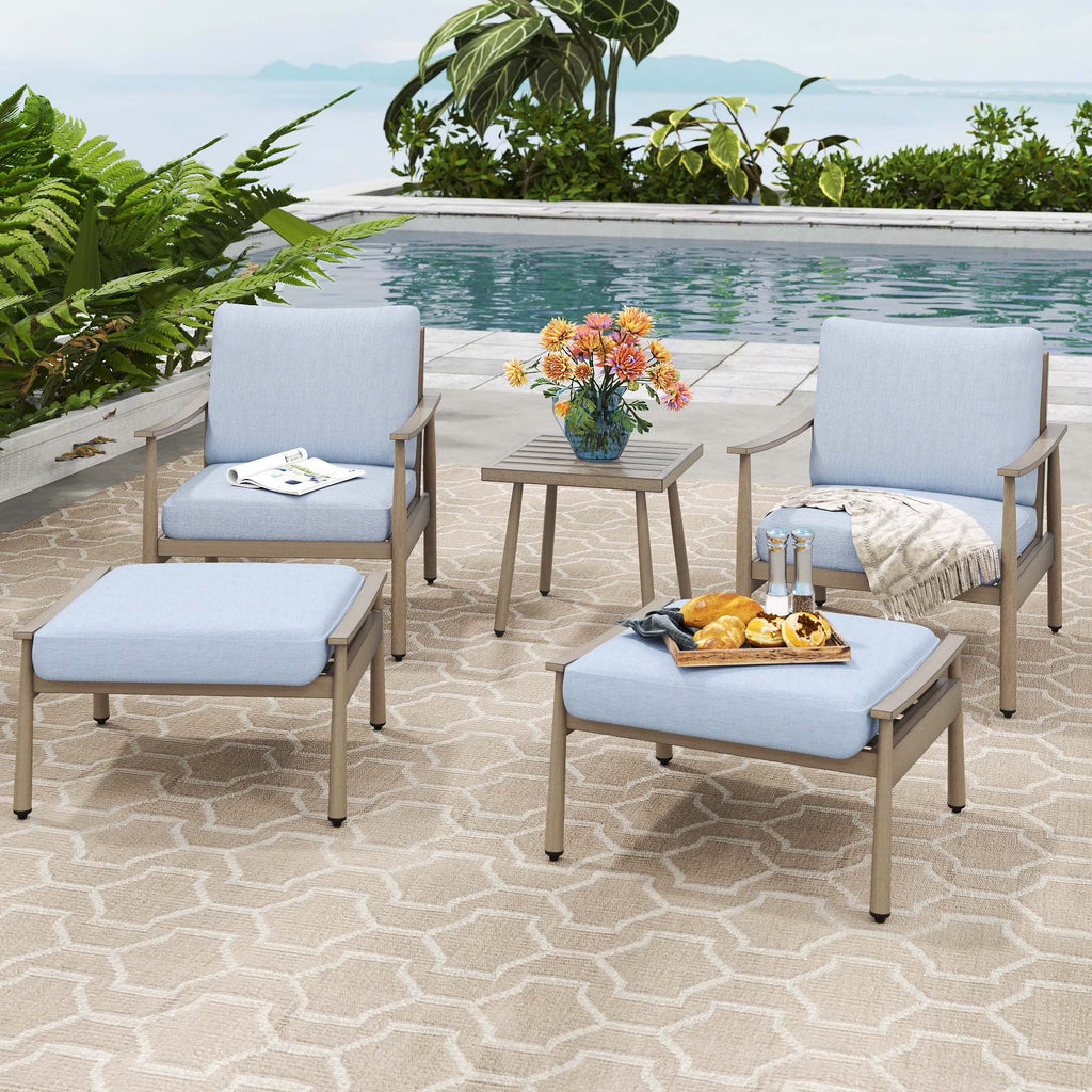 HAPPATIO Aluminum Outdoor Furniture Set - 5 Pieces Patio Furniture Set Includes 1 Side Table, 2 Swivel Chairs and 2 Ottomans with Thick Cushion, Patio Conversation Set for Backyard Poolside (Grey)