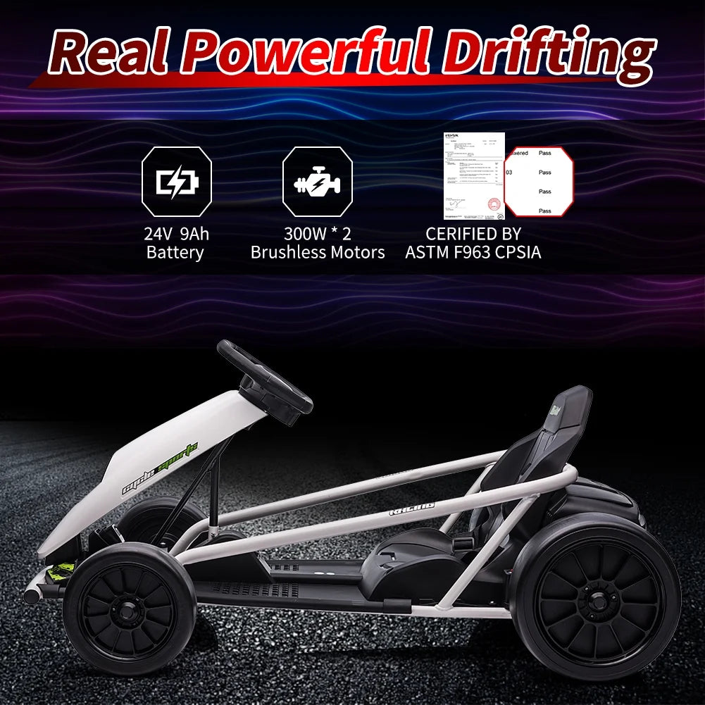 Geetinfly Go Kart for Kids,24V Battery 300WX2 Motors Pedal On Foot Go Cart,8MPH High Speed Drifting Car with Slow Start Function,Music,White