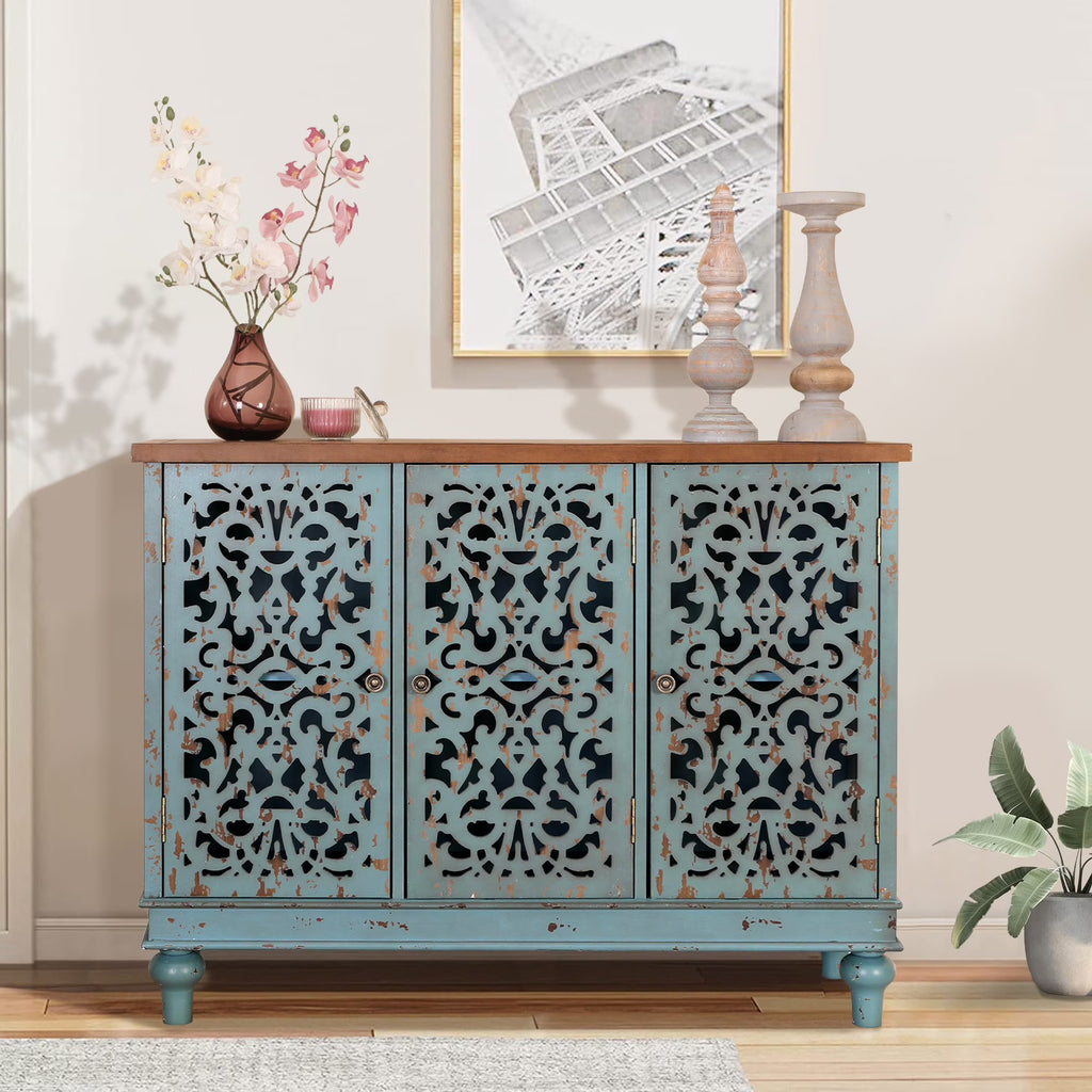 Sophia & William Hollow-Carved Credenzas and Sideboards, Wood Blue, 2 Shelves