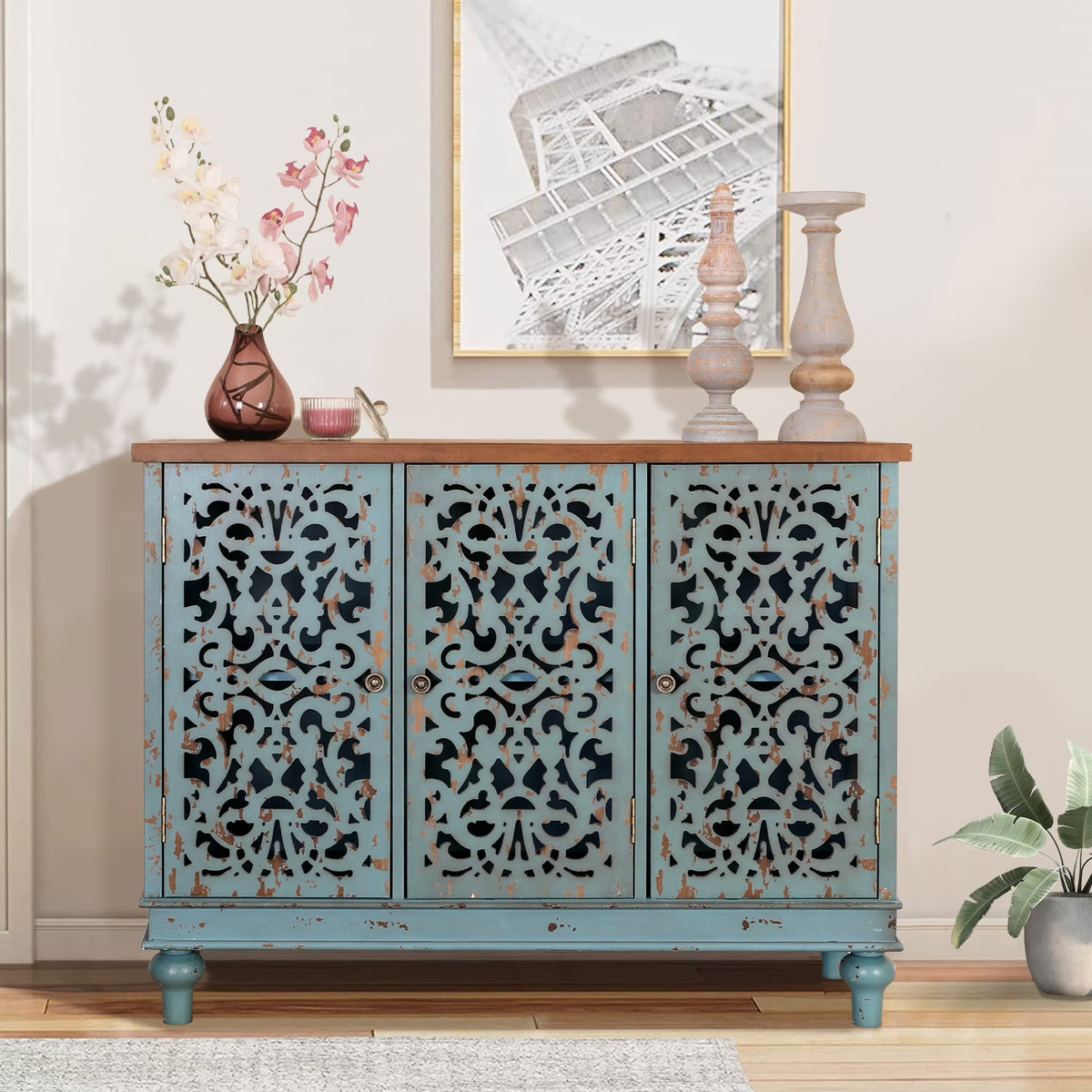 Sophia & William Hollow-Carved Credenzas and Sideboards, Wood Blue, 2 Shelves