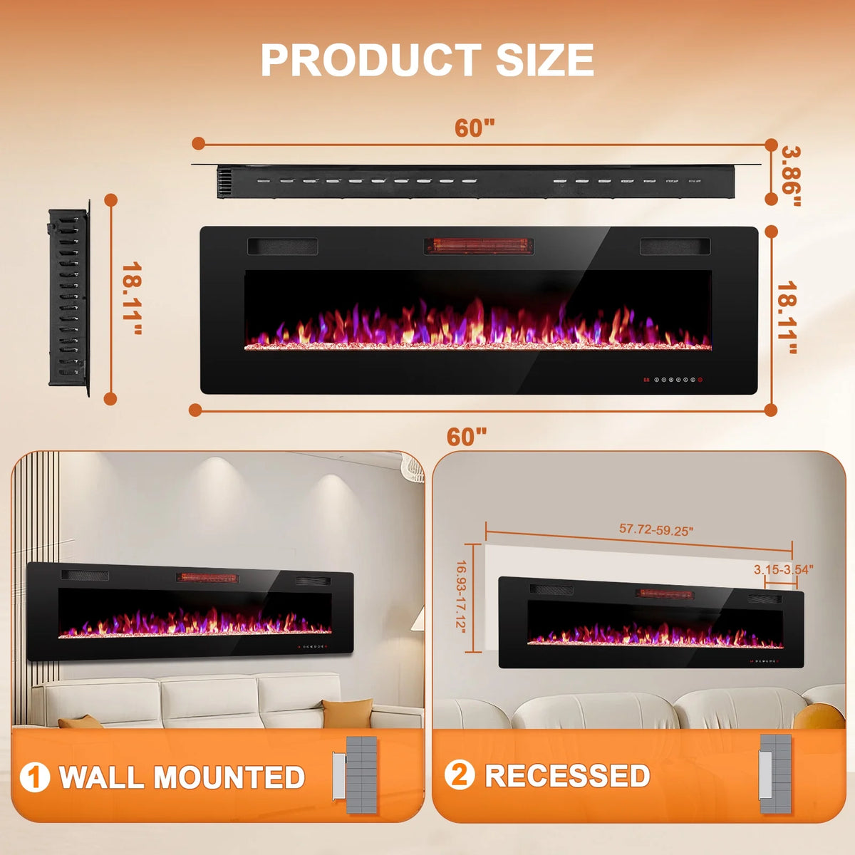 KISSAIR 60�� Indoor Electric Fireplace Ultra Thin Fireplace, Wall Mounted Recessed Fireplace with Multiple Colors