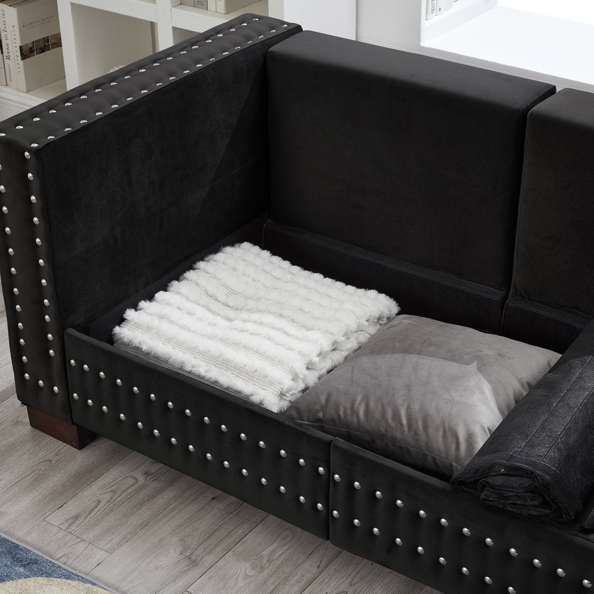 Modern Velvet Sofa Set 2+3 Seater Sofa Loveseat Couch with Silver Nail Trim, Square Armrests and Hidden Storage, Luxury Living Room Couch with Pocket Spring Cushions