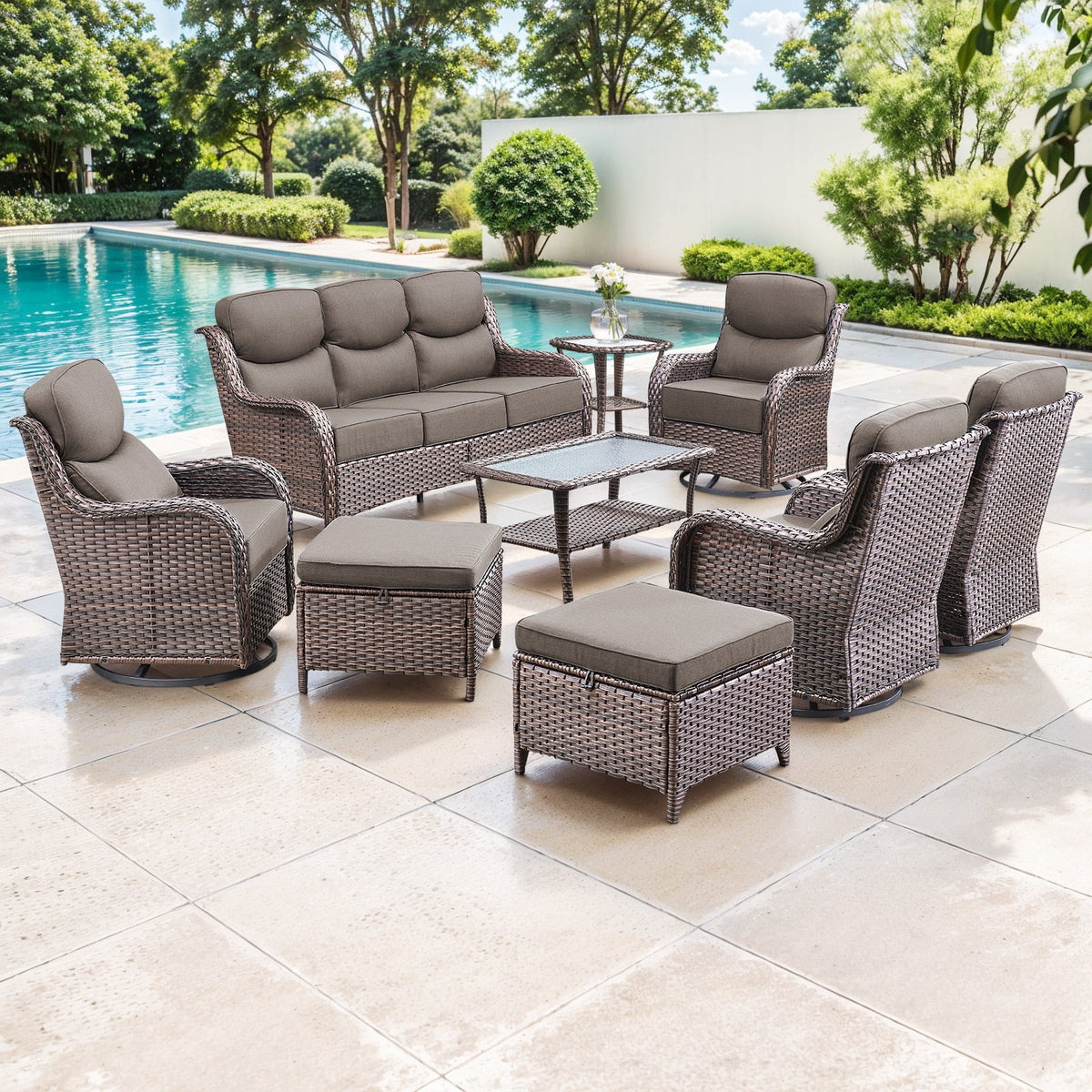 Bellefurn Luxury Outdoor Patio Furniture Set,Swivel Rocker Patio Chairs with 6-inch Thick Cushion,Patio Sofa and Glass Coffee Table,Outdoor Conversation Set for Porch, Deck, Yard
