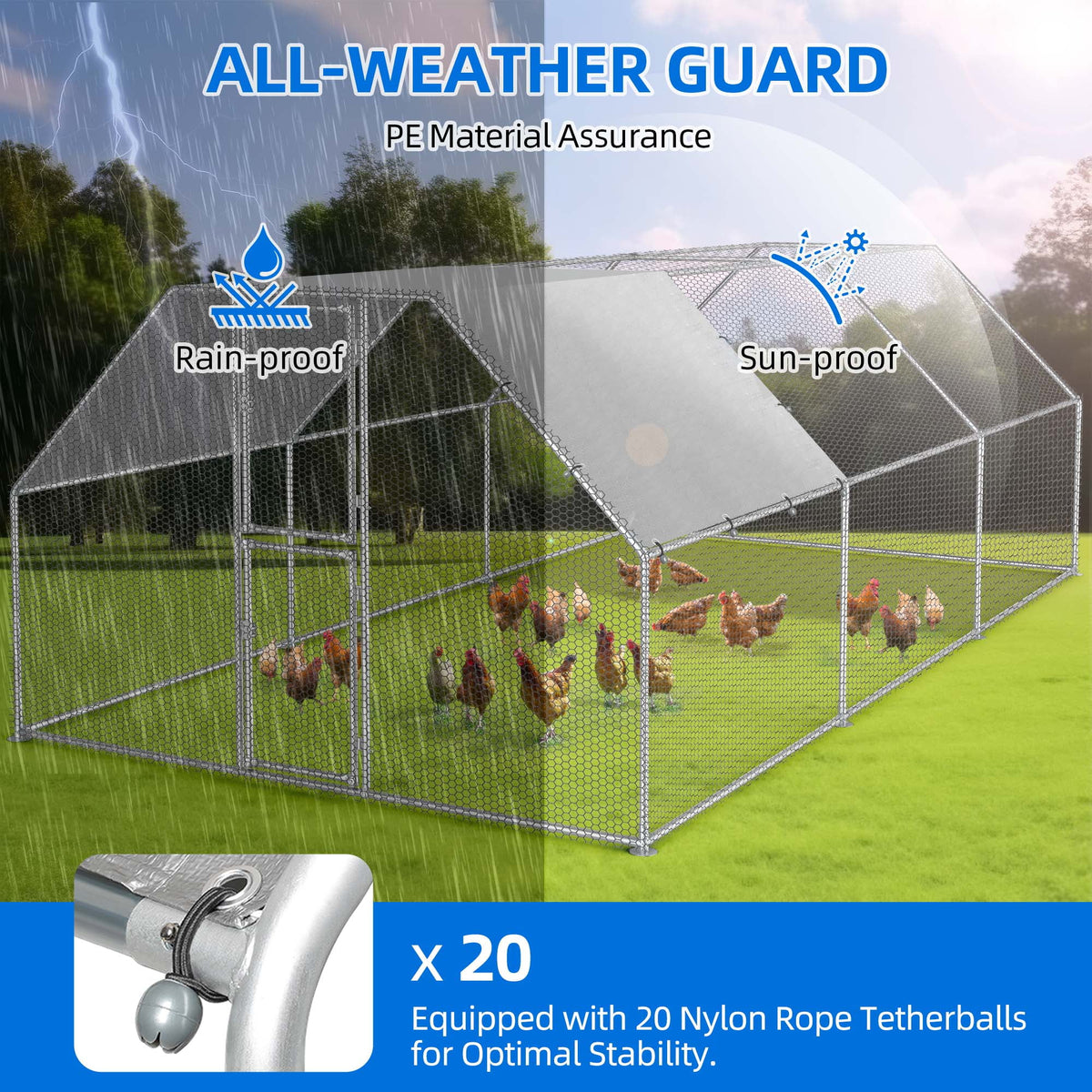 Uforic Chicken Run Coop 19.1 x 9.8 x 6.4 ft  Large Metal Chicken Coop, Walk-in Hen Cage, Outdoor Poultry Cage with Waterproof Cover and Wire Mesh for Backyard,Yard Outdoor