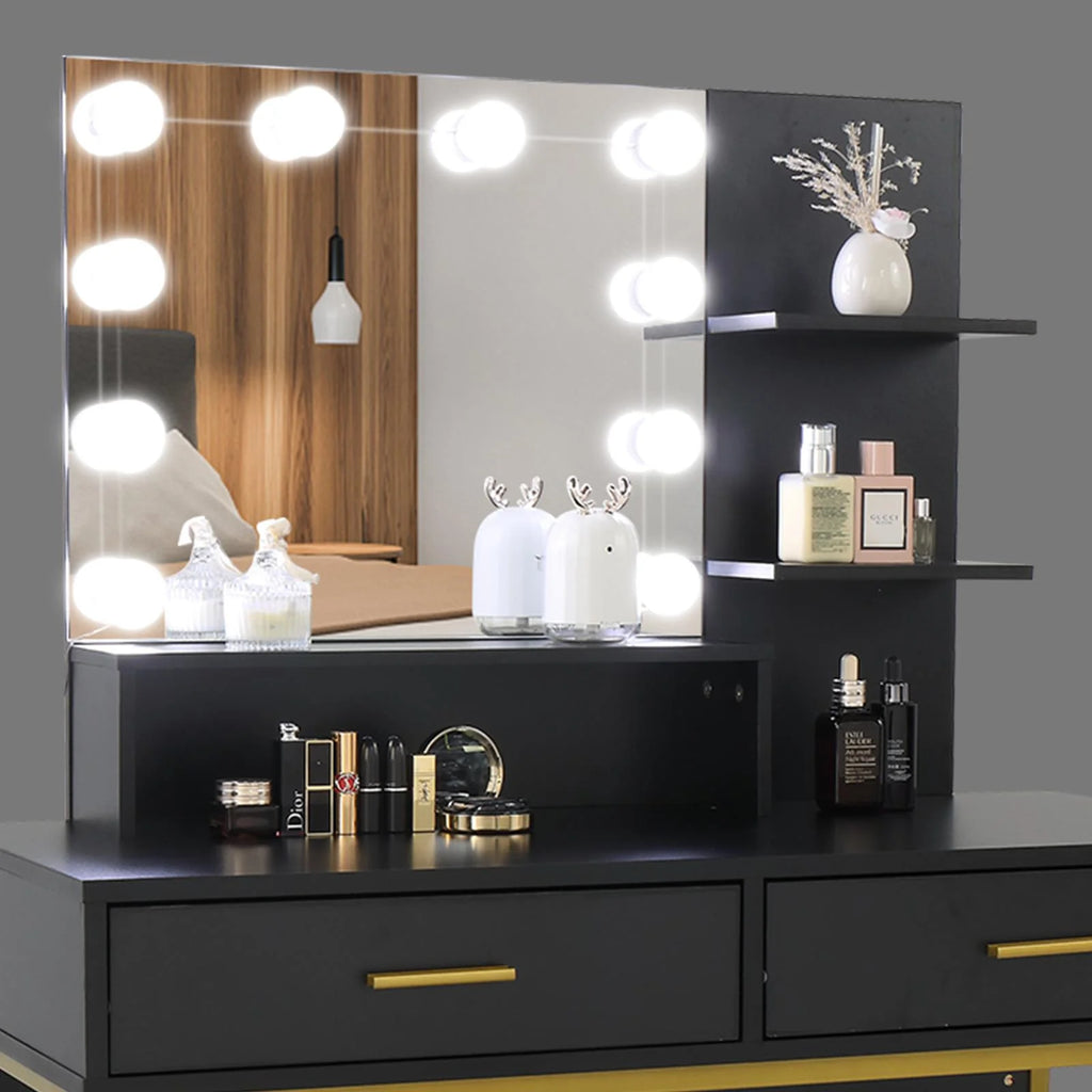 Ktaxon Lighted Makeup Vanity, White Vanity Table Set with 2 Drawer and Charging Station, Femal Gift