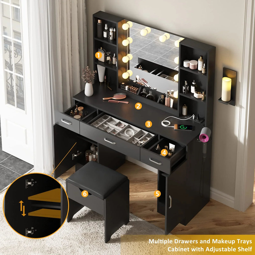 VEANERWOOD Large Makeup Vanity Set with Light Modern Makeup Vanity Table with Storage and Adjustable Lighting Colors for Bedroom 45.2in, White