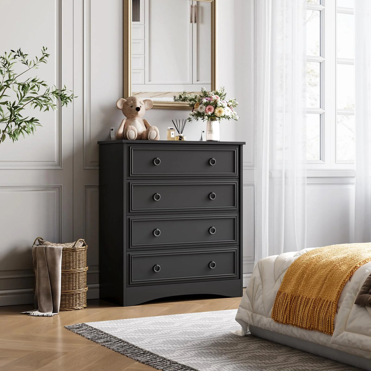 Duerer Modern Drawer Dresser for Bedroom, Living Room, Hallway, Dresser Chest with 4 Drawers, Black