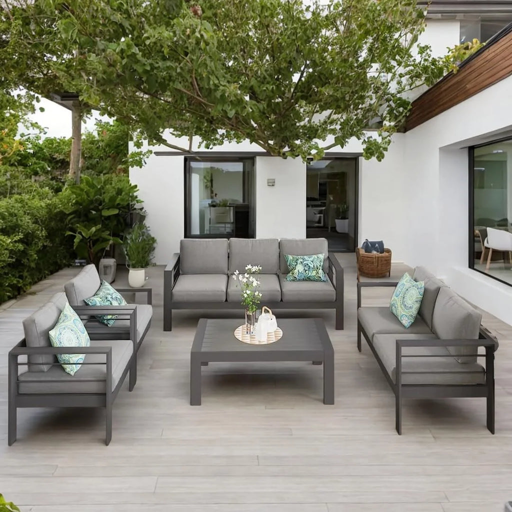 CozyHom 5 Pcs Outdoor Patio Aluminum Furniture Sofa Sets, Outside Patio Conversation Couch Sets With Table&Cushions for Garden Porch, Gray