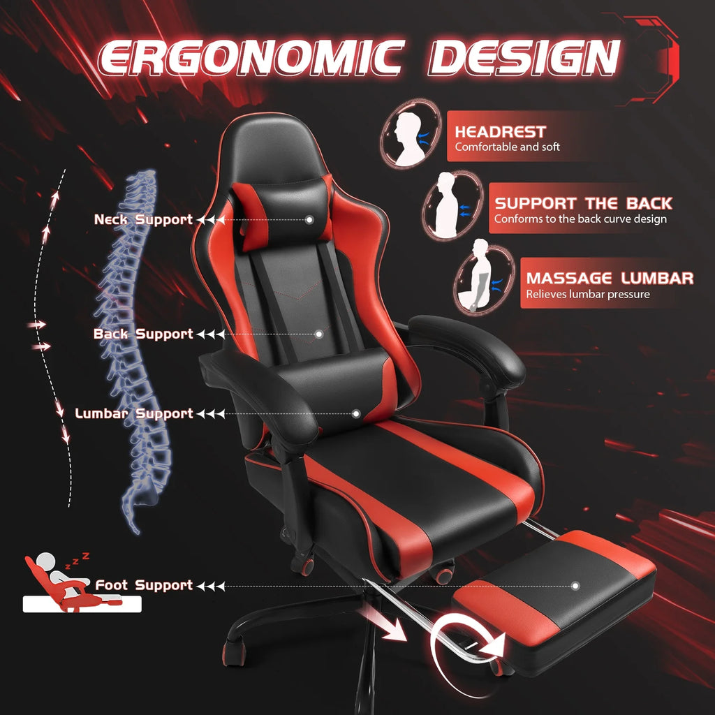 Lacoo PU Leather Gaming Chair Massage Ergonomic Gamer Chair Height Adjustable Computer Chair with Footrest & Lumbar Support, White