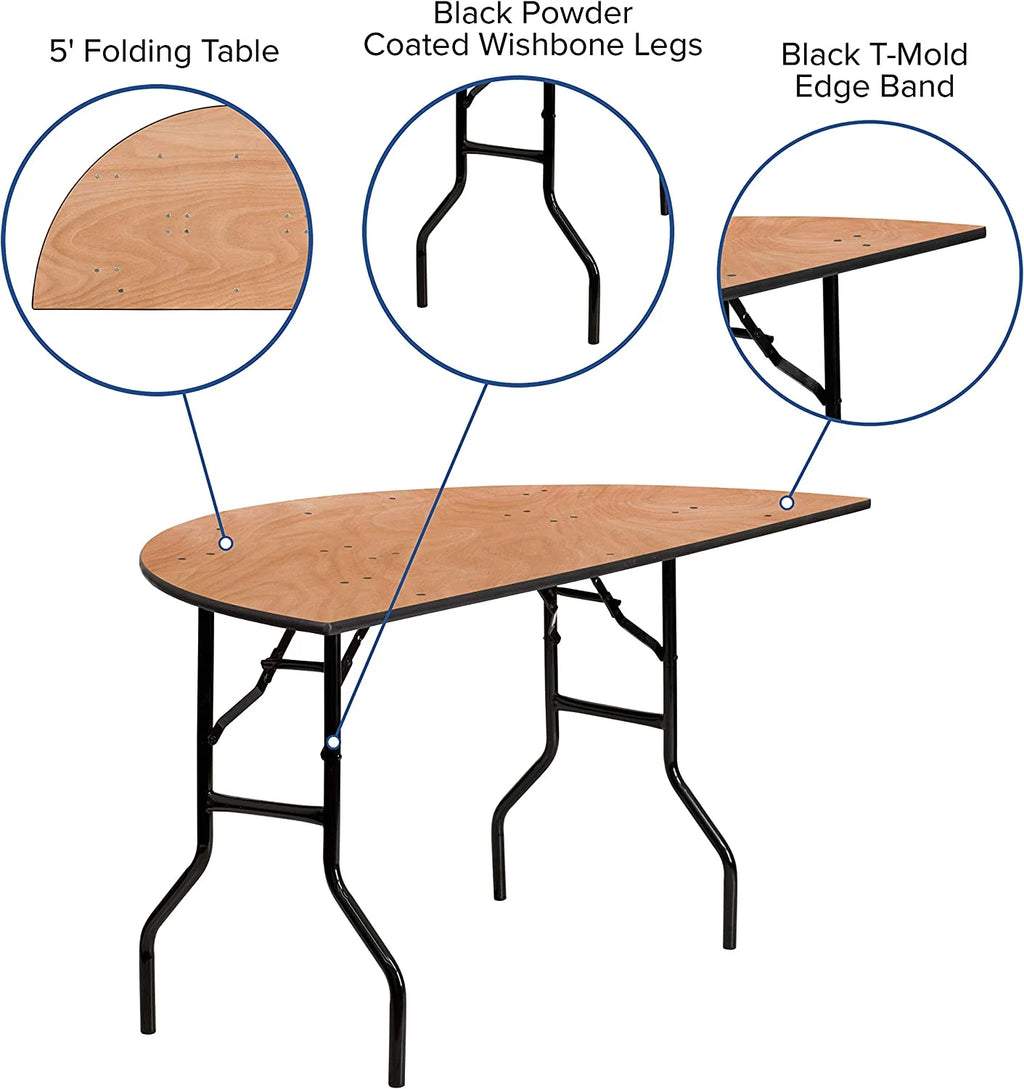 BizChair 5-Foot Half-Round Wood Folding Banquet Table - Event & Catering Table