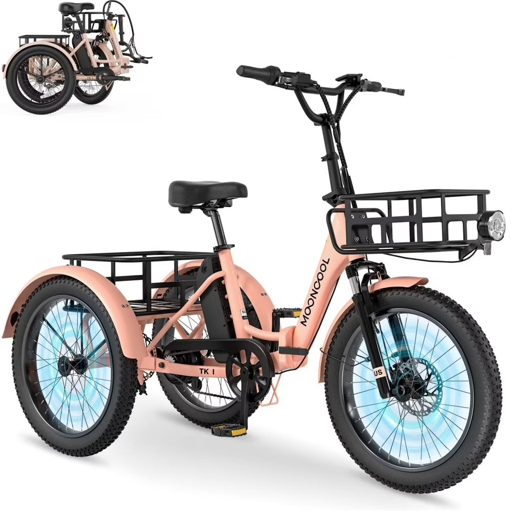 MOONCOOL TK1 Folding Electric Tricycle for Adults,48V 14.5Ah Removable battery, 500W��Peak 1000w��Motor, 20" Fat Tire Step-Thru 3Wheel Electric Bicycle w/Front&Rear Baskets, Certified to UL 2849 by SGS