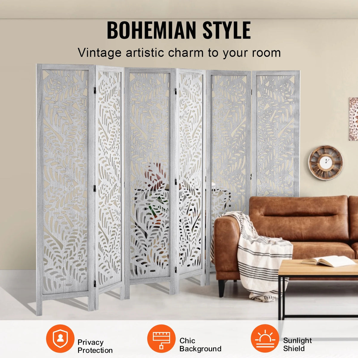 KFFKFF Wooden Space Separator, 6-Panel Foldable Privacy Barrier, 66.9 Inches High Indoor Engraved Partition Screen, Movable Decorative Panel, Ideal for Home, Office, Dining Area & Sleeping Quarters