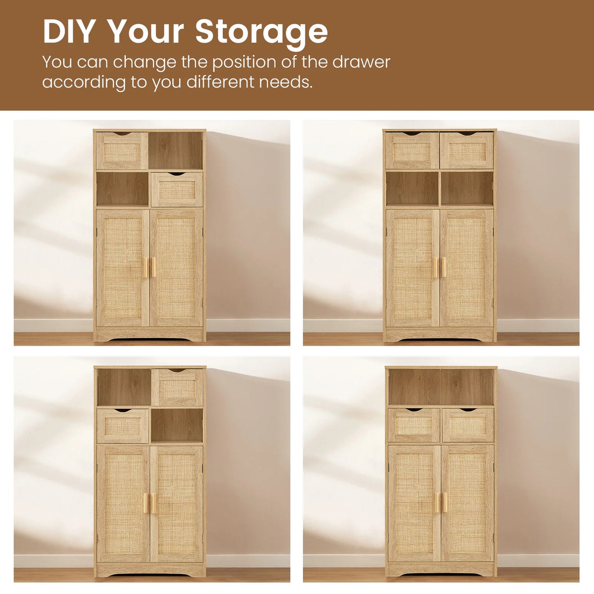 FANGSUM Rattan Storage Cabinet with 2 Drawers & 2 Shelves, Floor Cabinet for Living Room