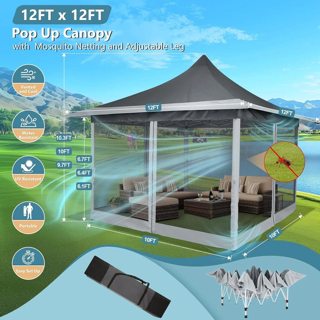 COBIZI 12x12 Outdoor Gazebo Pop Up Gazebo Canopy with Mosquito Netting Patio Tent Backyard Canopy with 2-Tiered Vented Top 3 Adjustable Height, Beige