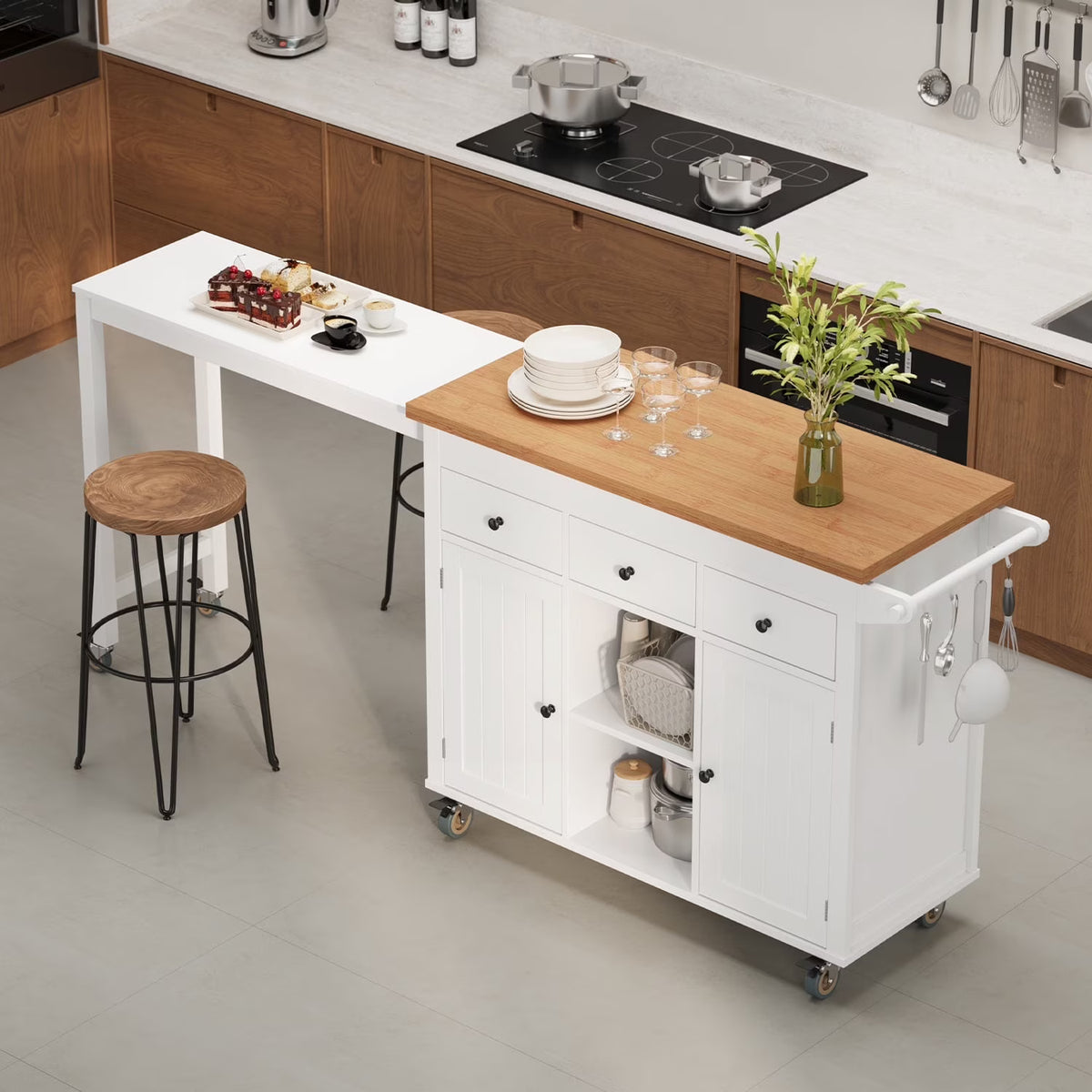 Noelse Rolling Kitchen Island with Drop Leaf Table and Hidden Trash Cabinet, Mobile Kitchen Cart with Storage Drawer, Adjustable Shelves & Rubberwood Countertop on Wheels, White