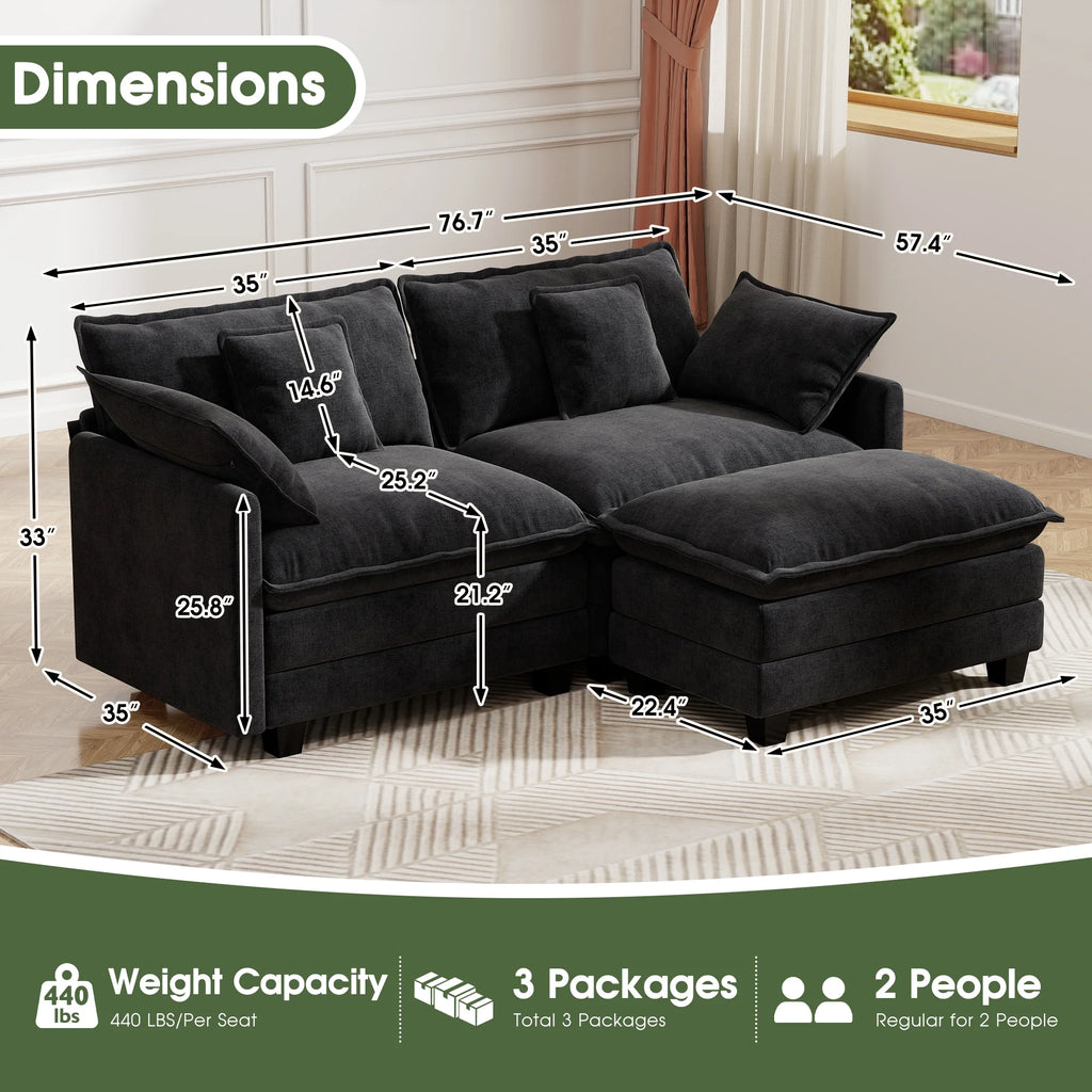 BedLuxury 111.5'' Modular Sectional Sofa with Movable Ottomans, U Shaped Cloud Couch for Living Room, 3-Seat, Beige