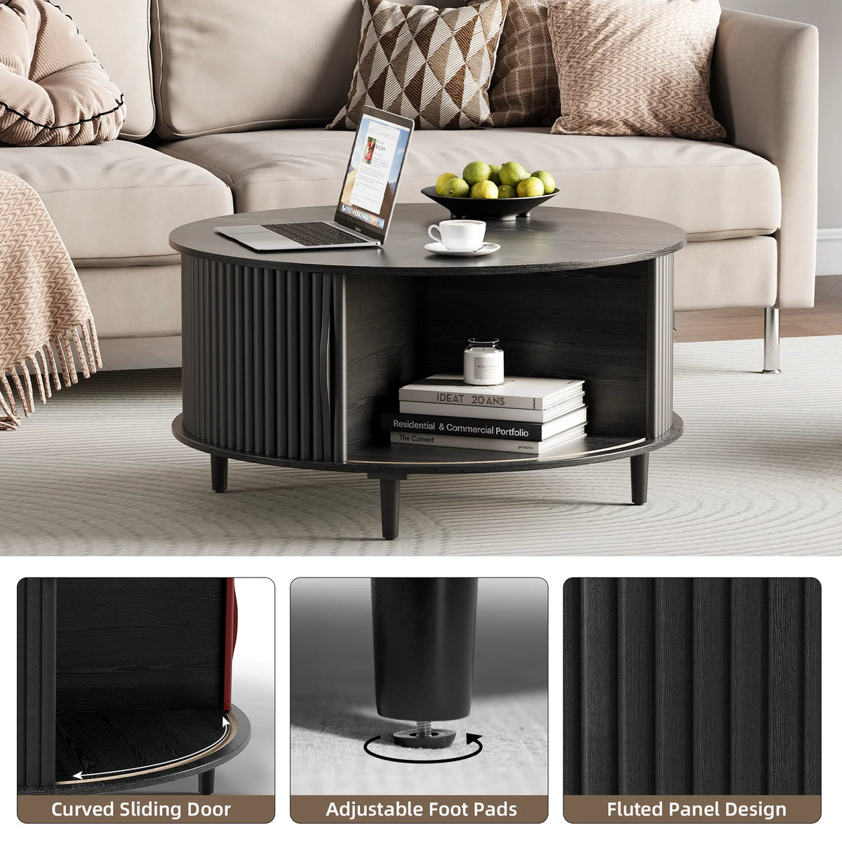 JOINICE Round Coffee Table with Storage and Sliding Door,Mid Century Modern Wooden Center Table,for Living Room,Walnut