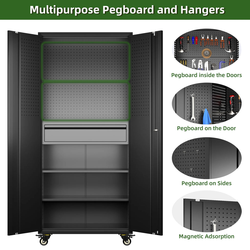 SUPEER 71" Metal Storage Cabinets with Wheels and Pegboards, Industrial Cabinet with 2 Drawers and 2 Adjustable Shelves,, Assembly Required